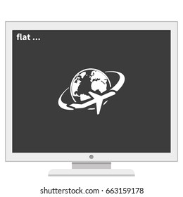 Airplane around Earth map icon.