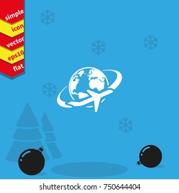 Airplane around Earth map icon.