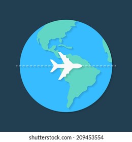 Airplane around the World. Flat design, with shadow. Use for banner, card, poster, brochure, banner, app, web design. Paper style. Easy to edit. Vector illustration - EPS10.