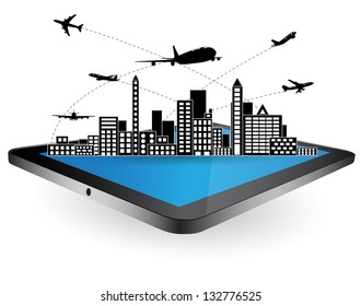 Airplane Around the World Map Globe on Tablet Screen for Transportation Concept, Vector Illustration EPS 10.