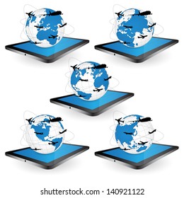 Airplane Around the World Map Globe on Tablet Screen for Transportation Concept, Vector Illustration EPS 10.