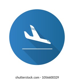 Airplane arrival flat design long shadow glyph icon. Plane landing. Vector silhouette illustration