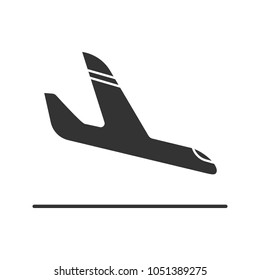 Airplane arrival glyph icon. Plane landing. Silhouette symbol. Negative space. Vector isolated illustration
