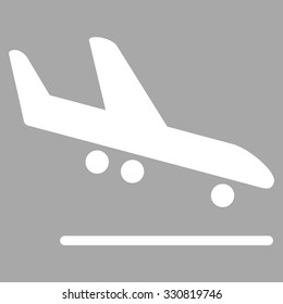 Airplane Arrival vector icon. Style is flat white symbol, rounded angles, silver background.