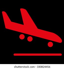 Airplane Arrival vector icon. Style is flat red symbol, rounded angles, black background.