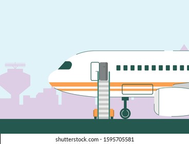 Airplane Arrival Vector Illustration. White Plane with Open Door and Staircase Ladder on Landing Area Runway. Airport Aerodrome Facility. Private Jet, Commercial Air Transportation