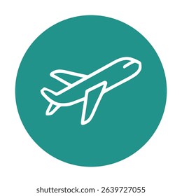 Airplane ascends within teal circle. Icon symbol illustration
