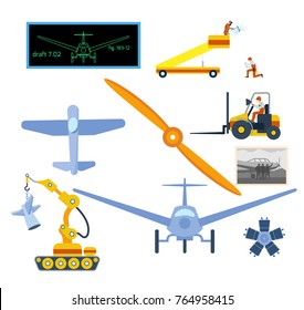 Airplane Assembly Or Repair Factory Equipment Set With Aircraft, Propeller, Forklift, Motor, Engine, Fuselage, Crawler Welder Robot, Illustration, Cartoon Flat Design Style Vector.