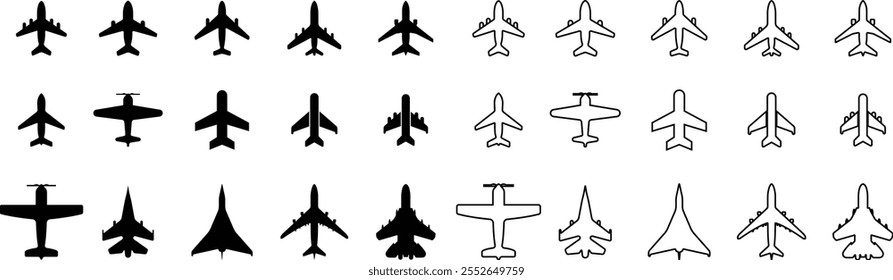 Airplane aviation icon in flat, line set. vector for apps or websites Flight transport symbol Travel Abstract neon airplane forces animation flying plane arrivals isolated on transparent background