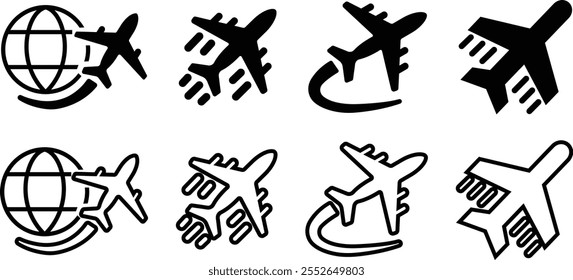 Airplane aviation icon in flat, line set. vector for apps or websites Flight transport symbol Travel Abstract neon airplane forces animation flying plane arrivals isolated on transparent background