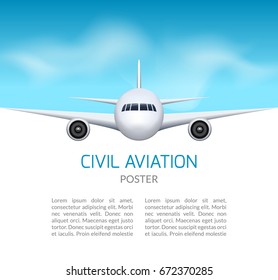 Airplane background. Commercial airliner travel concept. Plane in blue sky, civil aviation design