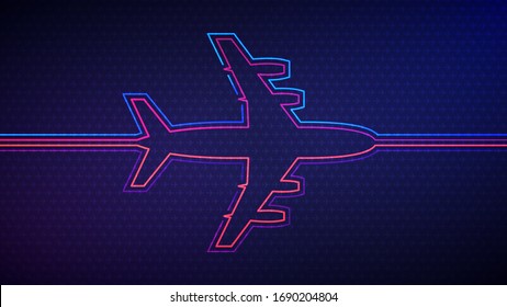 Airplane background. Vector illustration of glowing neon colored airplane silhouette over blue and purple background