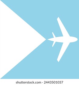 Airplane background, white flat plane symbol with triangle on blue background, vector illustration.