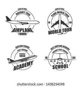 Airplane badge vector air aviation illustration emblem. Aircraft label vintage design symbol. Travel logo academy jet retro sign. Adventure sticker school business airline