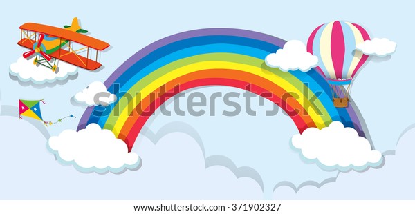 Airplane and balloon over the rainbow illustration