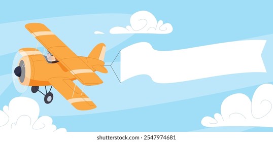 Airplane with banner. Airplane in cartoon style on the background of the sky. Cute colorful air transport. Beautiful baby illustration.