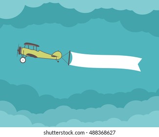 Airplane with banner, empty form for quote, text, slogan, motivation signs. Retro biplane emblem. Aviation brochure, flyer. Travel company flyer layout template. Vector.