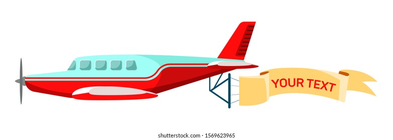 Airplane with banner flat vector illustration. Old fashioned plane with advertising ribbon isolated on white background. Promotional poster decorative design element. Marketing campaign concept