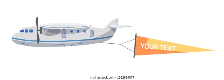 Airplane with banner flat vector illustration. Old fashioned plane with advertising ribbon isolated on white background. Promotional poster decorative design element. Marketing campaign concept