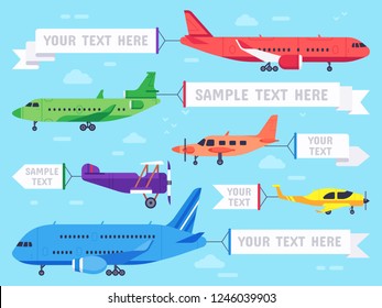Airplane With Banner. Flying Ad Aeroplane, Aviation Aircraft Banners And Airline Plane Ads Or Sky Plane Aerial Banner. Flying Advertising Biplane Ribbon Flat Vector Illustration