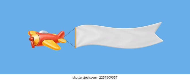 Airplane with banner. Flying vntage airplane with empty advertising ribbon for slogan. 3d cartoon illustration