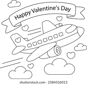 Airplane with a banner happy valentine's day, valentine's day coloring page for kids