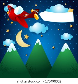 Airplane and banner over the mountain, by night. Vector 