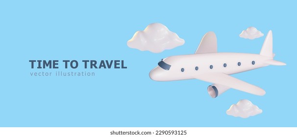 Airplane banner render among the clouds. Travel and vacation concept. Vector illustration in 3d style for print, web, social networks