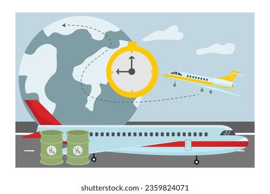 Avión con barriles de hidrógeno como ilustración vectorial de combustible. Dibujo de dibujos de globo y avión de pasajeros, aviones hipersónicos o rápidos. Aviación, transporte, concepto de viaje