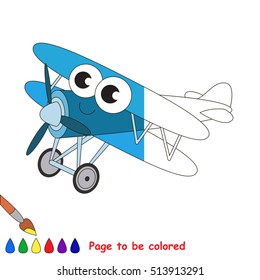Airplane to be colored, the coloring book to educate preschool kids with easy kid educational gaming and primary education of simple game level. The colorless half of picture to be colored by sample.