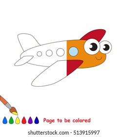 Airplane to be colored, the coloring book to educate preschool kids with easy kid educational gaming and primary education of simple game level. The colorless half of picture to be colored by sample.