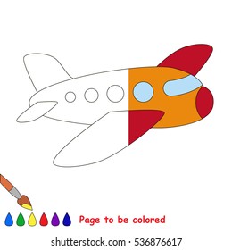 Airplane to be colored, the coloring book to educate preschool kids with easy kid educational gaming and primary education of simple game level. The colorless half of picture to be colored by sample.