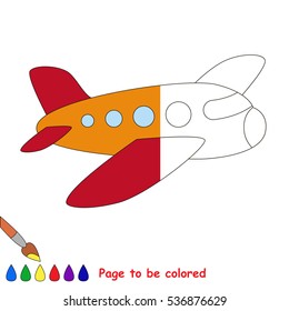 Airplane to be colored, the coloring book to educate preschool kids with easy kid educational gaming and primary education of simple game level. The colorless half of picture to be colored by sample.