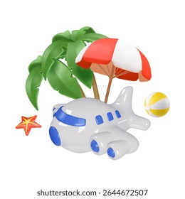 airplane, beach umbrella and palm tree, travel design, vector 3d on white background for summer travel advertising design