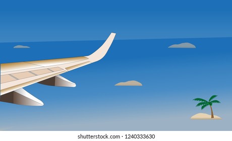 The airplane beside window view when pass over the sea, the holiday travel activity to the sea by airplane.