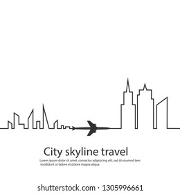 Airplane Between The Two Cities And Its Track And Skyline On White Background. Vector Illustration. Aircraft Flight Path And Its Route. Tourism. Travel