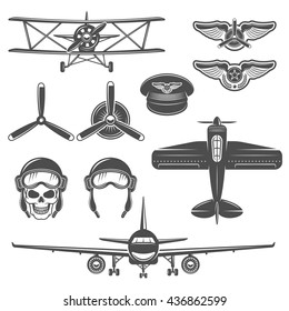 Airplane black color icon set equipment and types of airplanes on white background isolated vector illustration