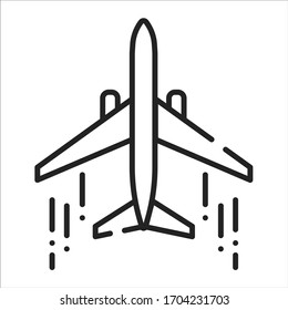 Airplane black line icon. Powered, fixed-wing aircraft. Propelled forward by thrust from a jet engine. Pictogram for web page, mobile app, promo. UI UX GUI design element. Editable stroke