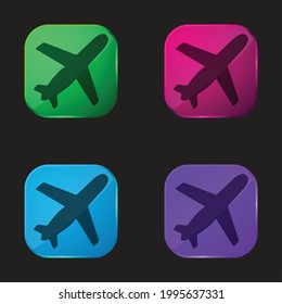 Airplane Black Shape Ascending Rotated To Right four color glass button icon