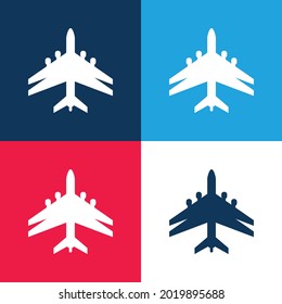 Forma negra del avión con doble ala azul y roja cuatro colores conjunto de iconos mínimo