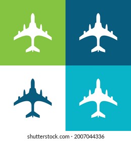 Airplane Black Shape From Top View Flat four color minimal icon set