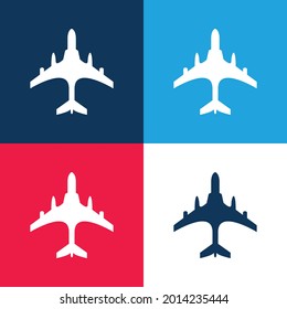 Airplane Black Shape From Top View blue and red four color minimal icon set