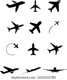 Airplane black Silhouette Icon Set. Black Jet and Aircraft Vector Collection in Flight Positions. Airplane Silhouette set with tail. Icon set for business, web and UI, UX