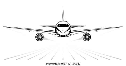 Airplane. The black silhouette of a jet airliner coming in to land on the background of white sky. Exhaust gases and runway