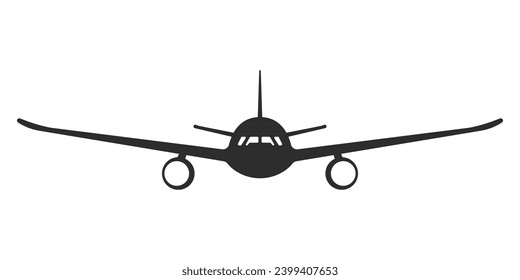 Airplane black vector icon. Airplane silhouette icon. Air transport logo. Aircraft symbol in front. High-speed passenger plane. Vector illustration.