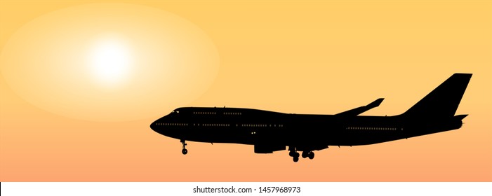 airplane black vector silhouette landing against sunset sky background aerial side view of modern passenger plane flying on evening setting sun air travel landscape ultra wide design banner