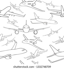 Airplane in black and white. Seamless pattern