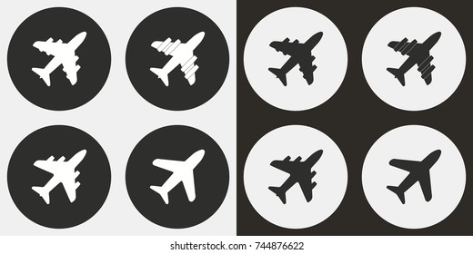 Airplane - black and white vector icons. Round buttons for graphic and web design.