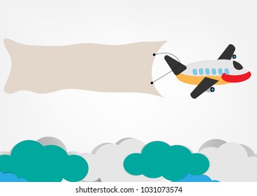 Airplane and blank poster advertising fly on sky and clouds cartoon cute style vector illustrations