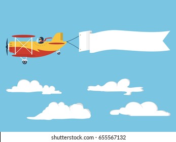 Airplane with blank poster. Plane with banner. Red Biplane with white ribbon in blue sky. Vector